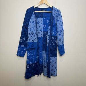 Gudrun Sjoden Blue Patchwork Knit Cotton long Duster Cardigan  Sz S